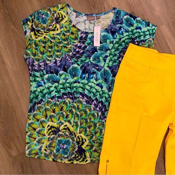 CHICO’S SCOOP NECK SLEEVELESS TOP FEATHER FANS PATTERN FLORAL PURPLE GREEN L NWT - Picture 5 of 12